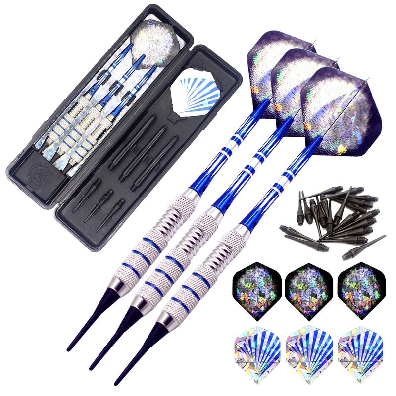 ROOBEEO Soft Tip Darts Set for Electronic Dart Board 18/22g Plastic Tip Darts Set with Brass Barrels&Aluminum Shafts, 6 Flights 3 Spare Plastic Dart Shaft 20 Soft Tips Portable Case (18g-Silver&Blue) - Image 1